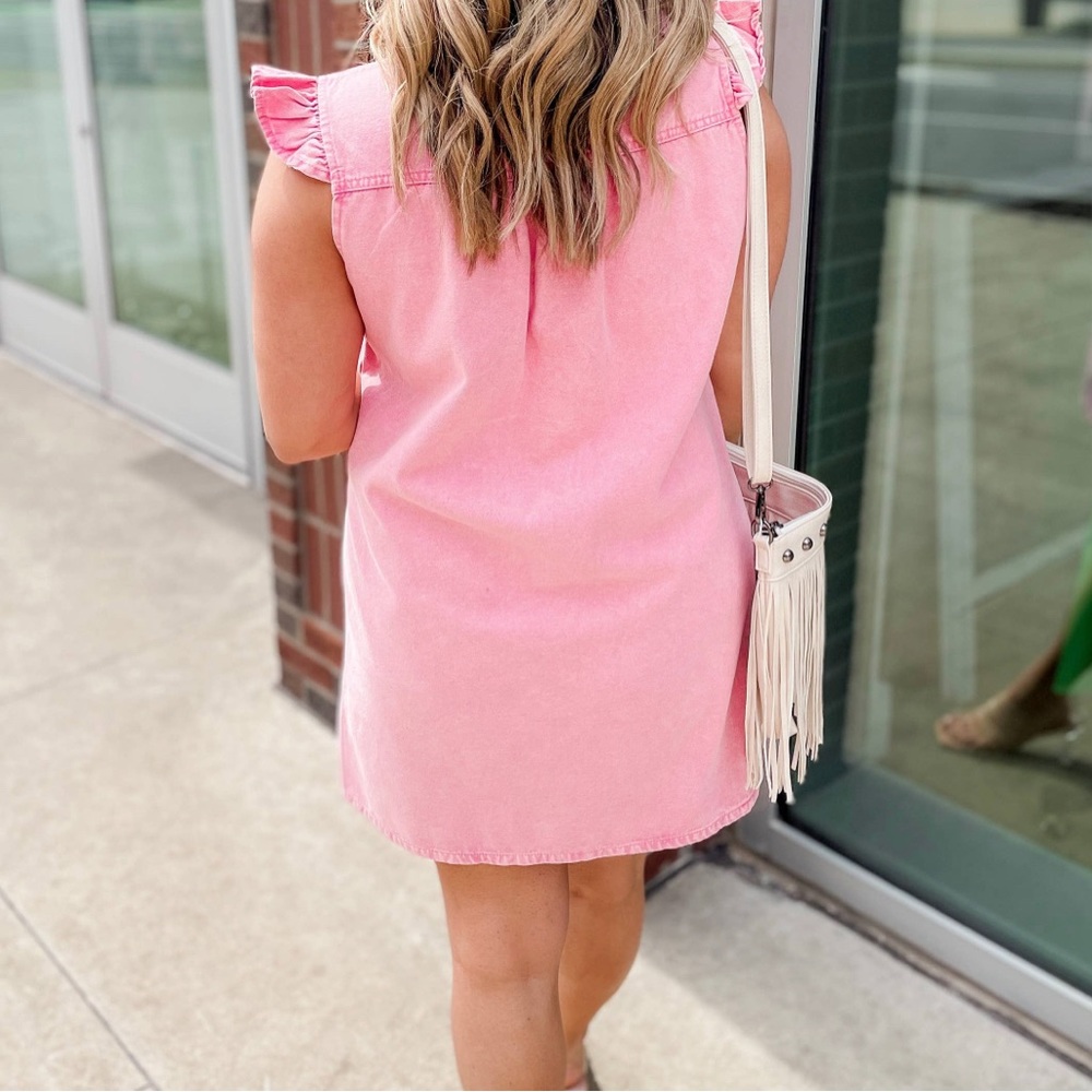 Hot pink denim dress, brand new from my boutique, ruffles on the side